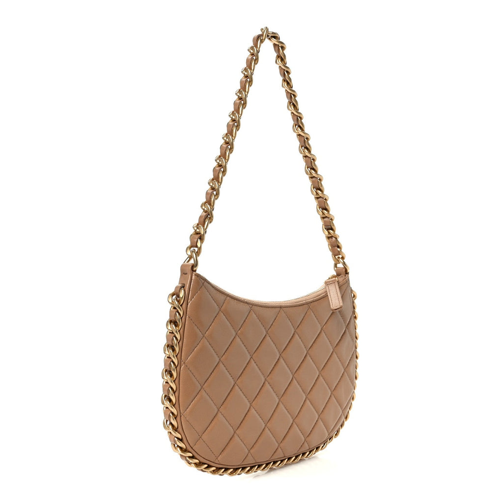 Shiny Crumpled Lambskin Quilted Trendy Chain Around Hobo Dark Beige