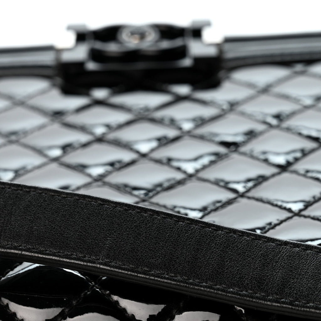 Patent Calfskin Quilted New Medium Plexiglass Boy Flap Black