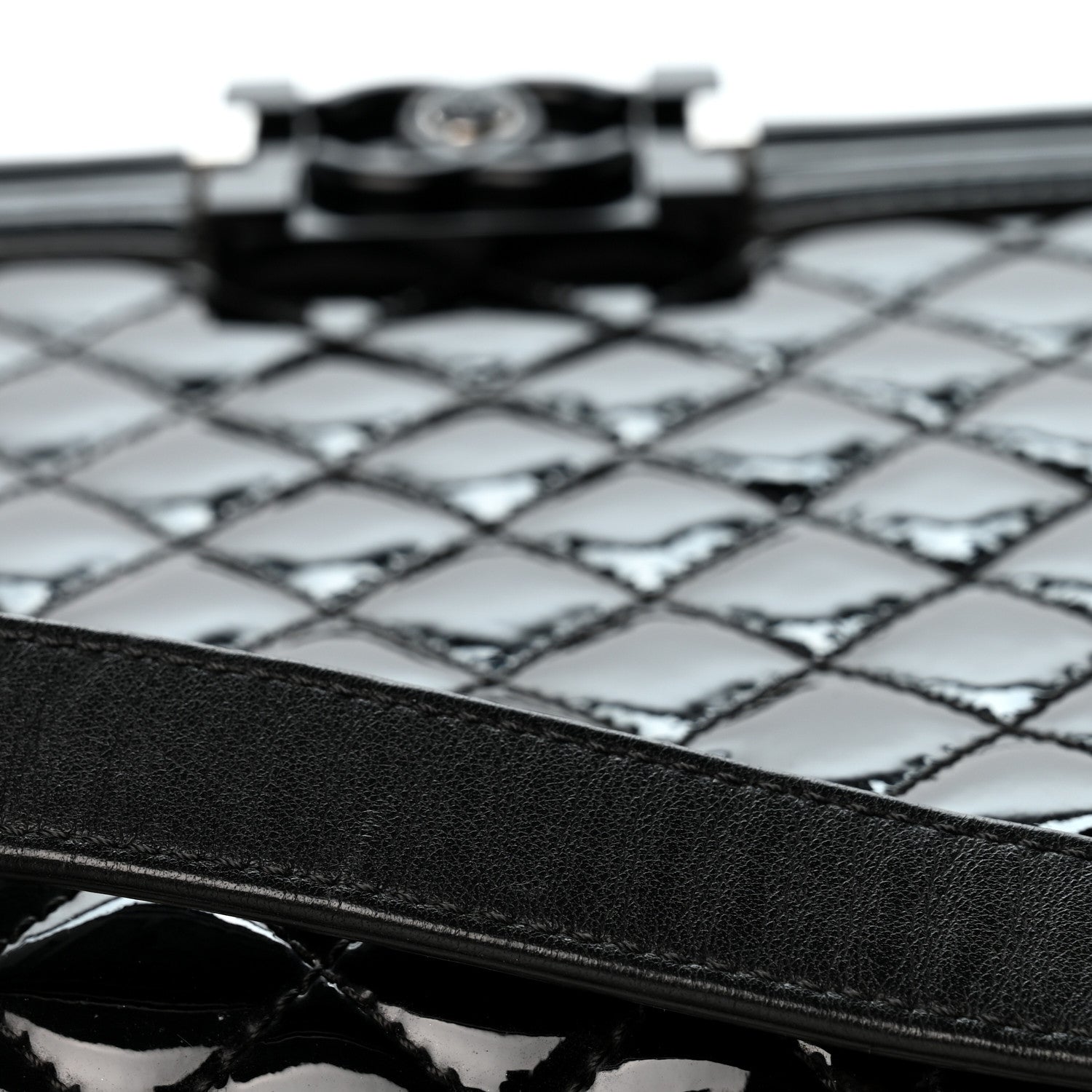 Patent Calfskin Quilted New Medium Plexiglass Boy Flap Black