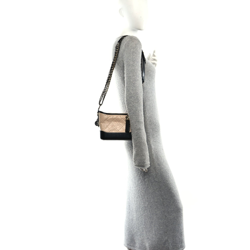 Aged Calfskin Quilted Small Gabrielle Hobo Beige Black