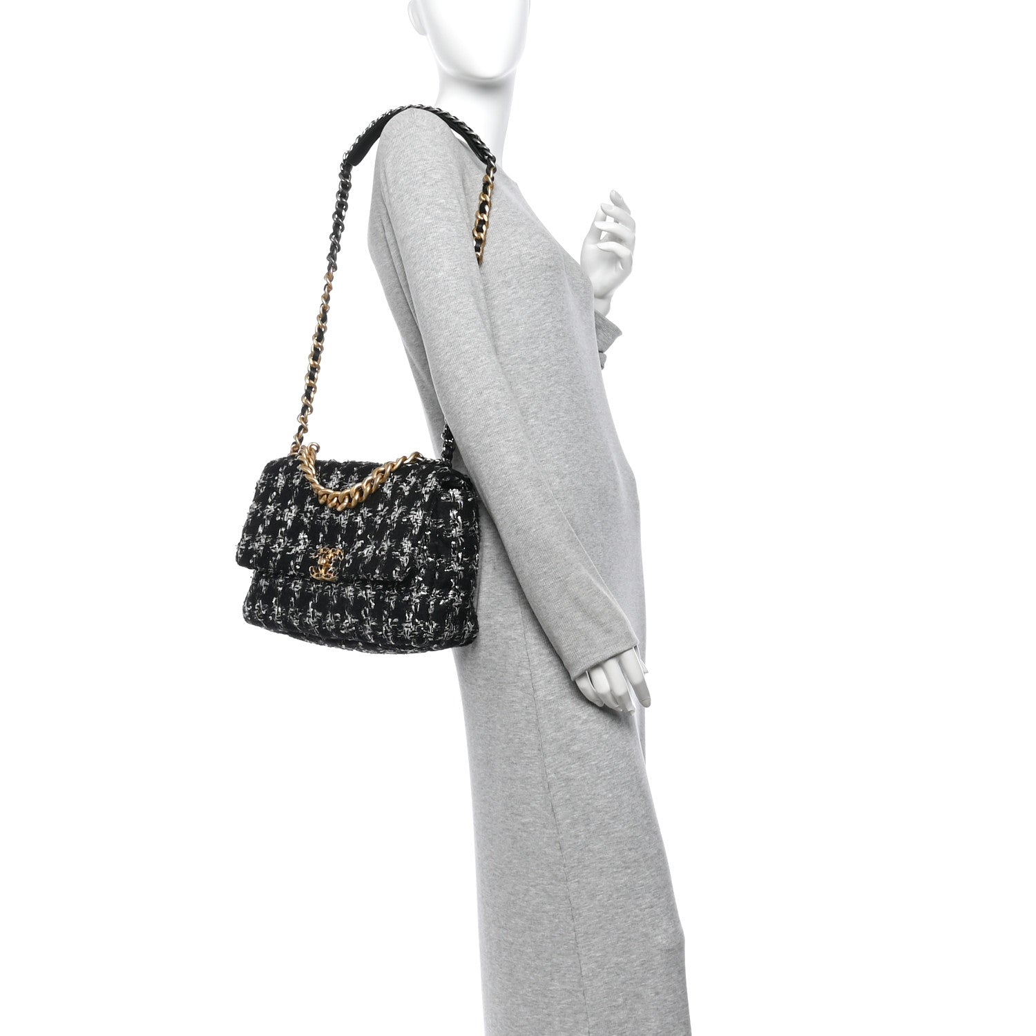 Tweed Quilted Large Chanel 19 Flap Black Silver Ecru
