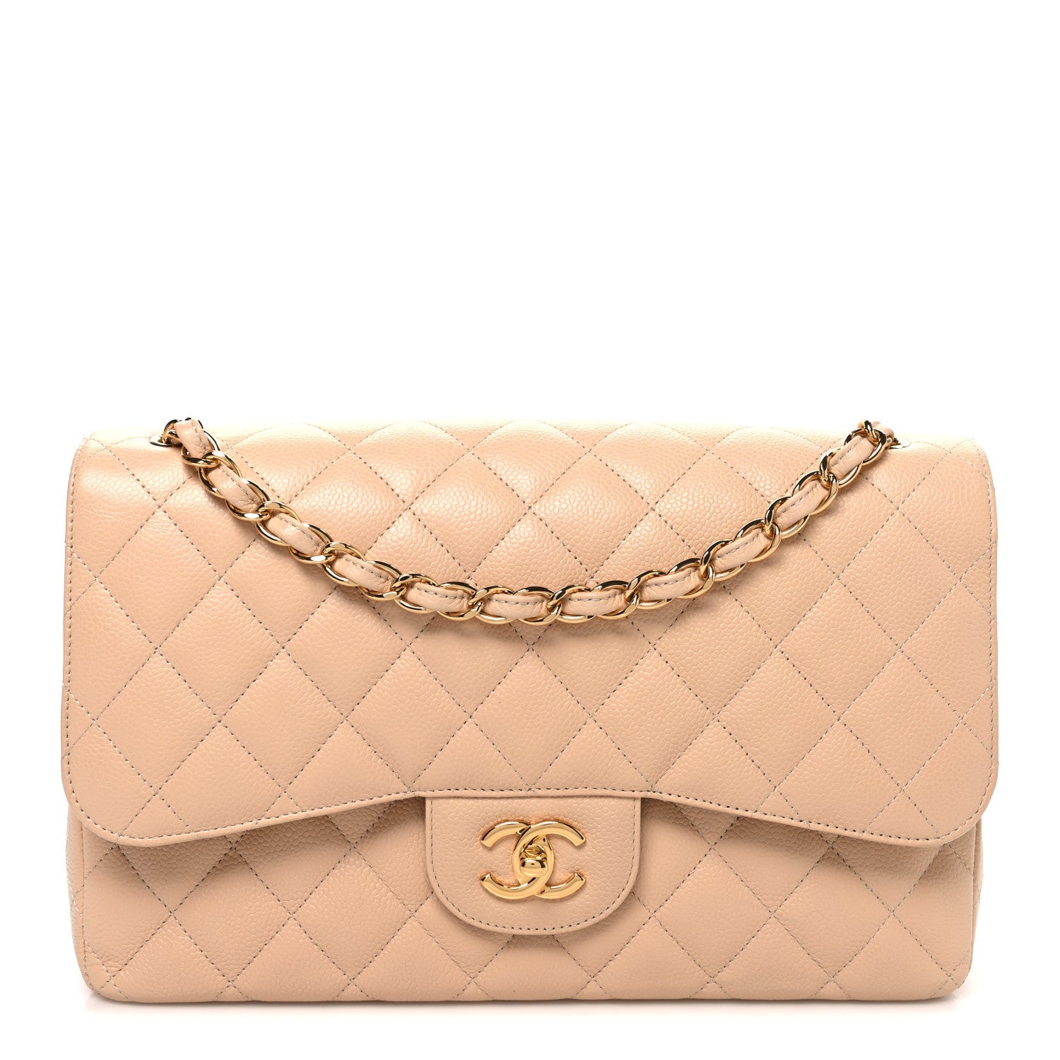 Caviar Quilted Jumbo Double Flap Beige