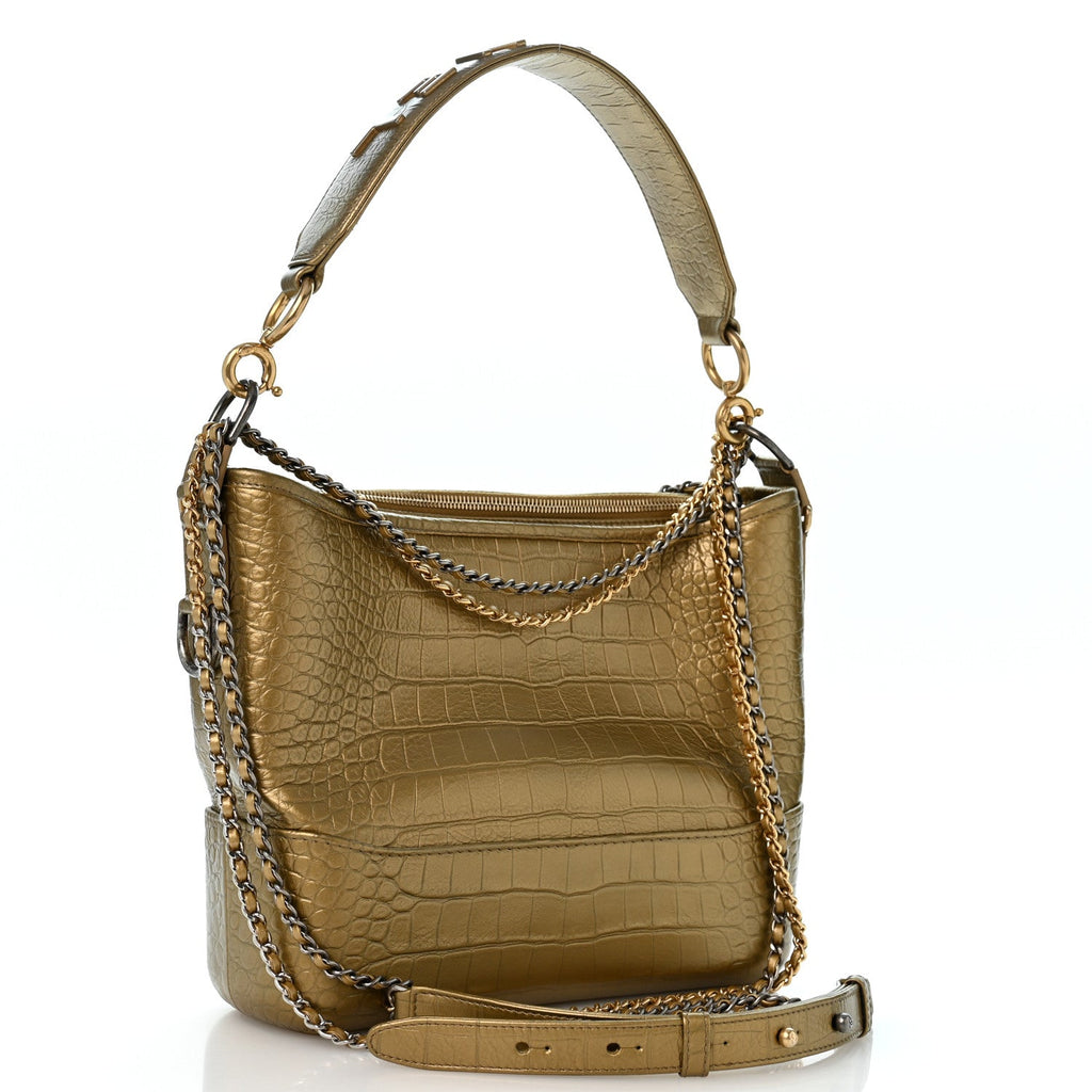 Metallic Calfskin Crocodile Embossed Medium Gabrielle Cocodile Hobo Gold