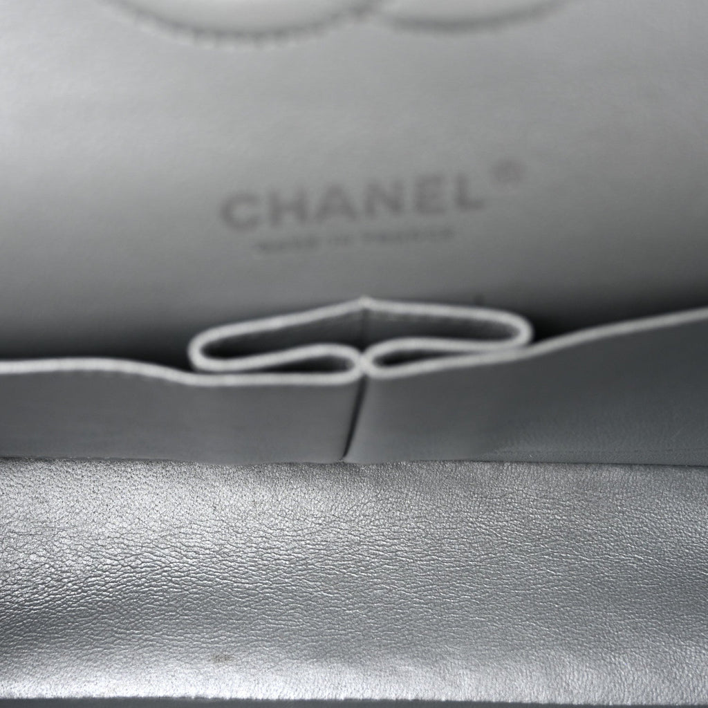 Metallic Lambskin Quilted Medium Double Flap Silver