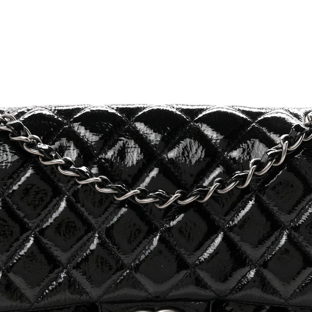 Crumpled Patent Quilted Medium Double Flap Black