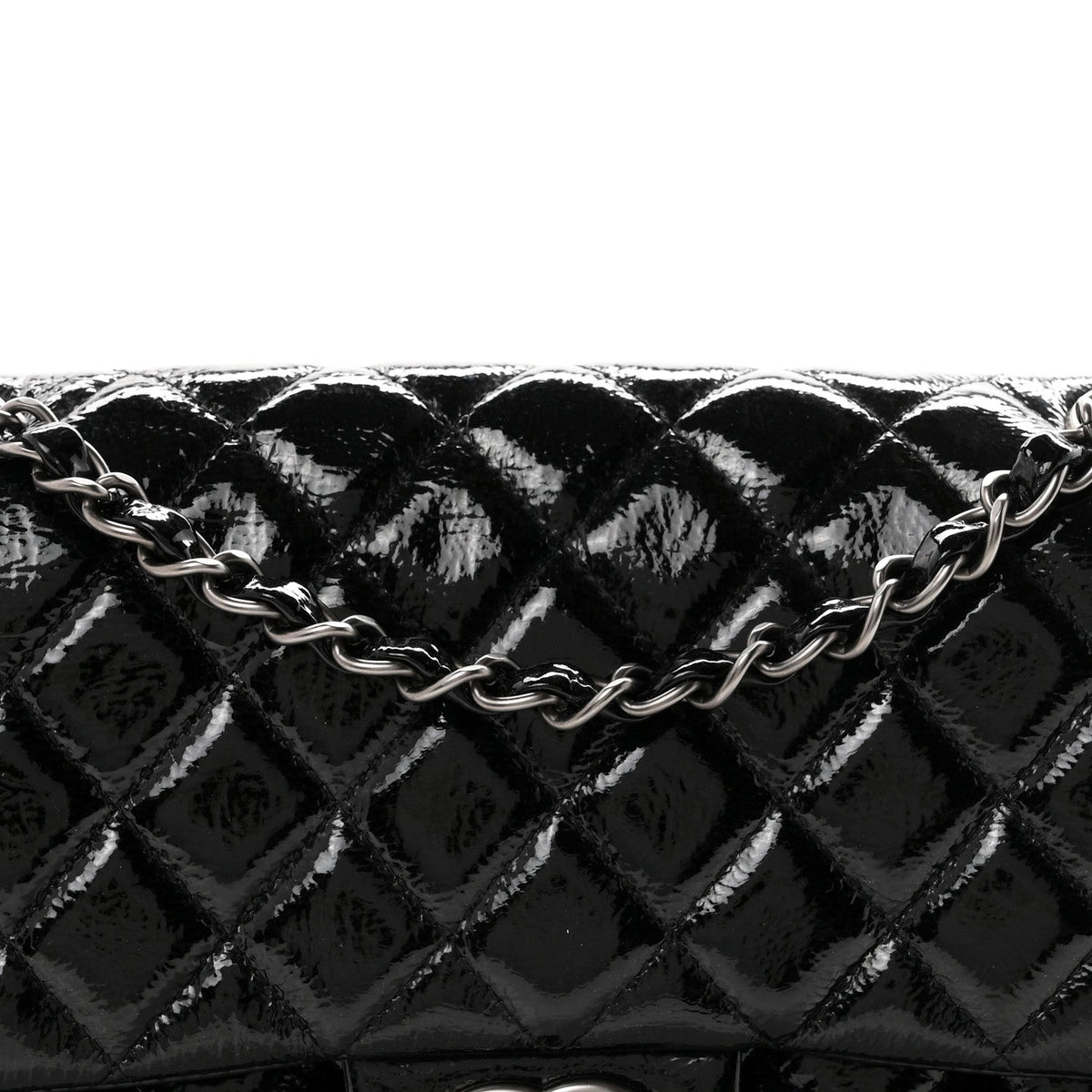 Crumpled Patent Quilted Medium Double Flap Black