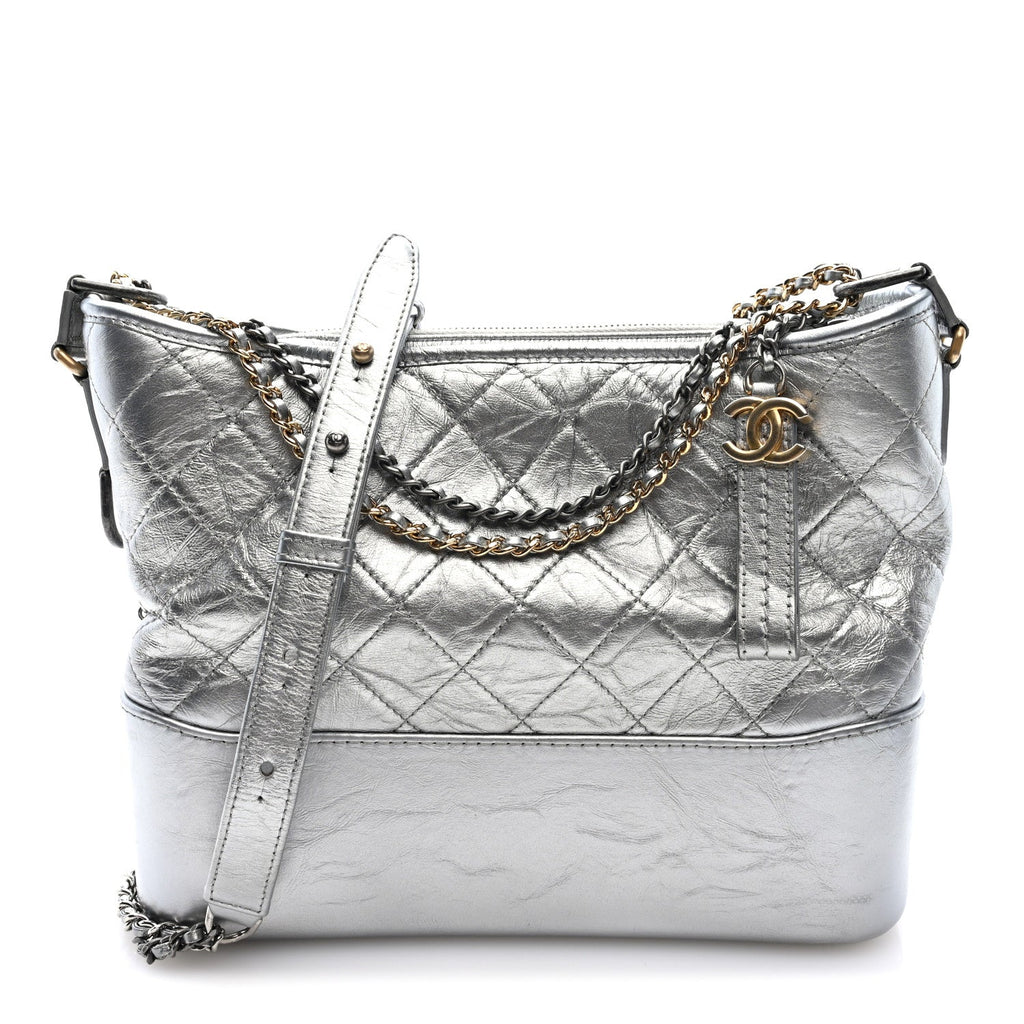 Metallic Aged Calfskin Quilted Medium Gabrielle Silver