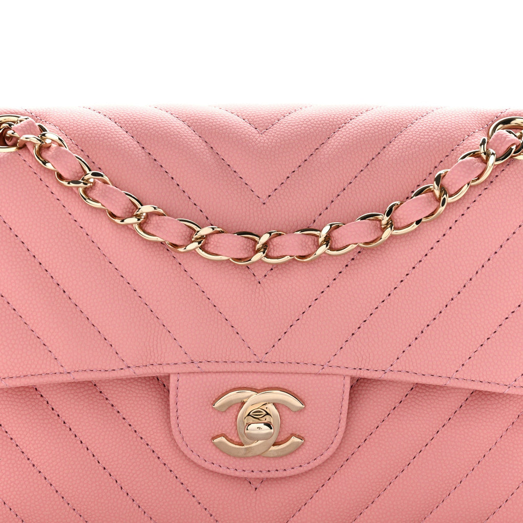 Caviar Chevron Quilted Small Double Flap Pink