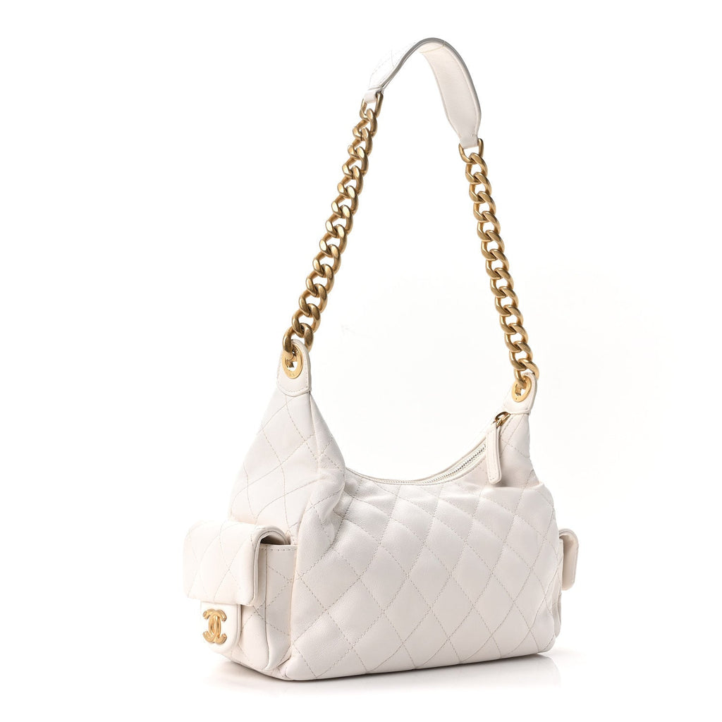 Shiny Lambskin Quilted Trendy Pockets Hobo White