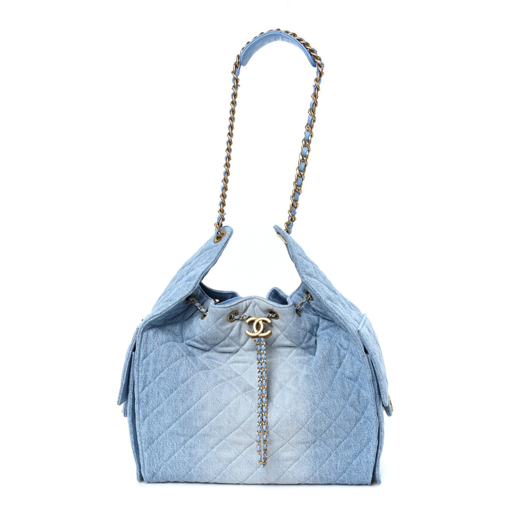 Washed Denim Quilted Medium Chanel 25 Handbag Blue