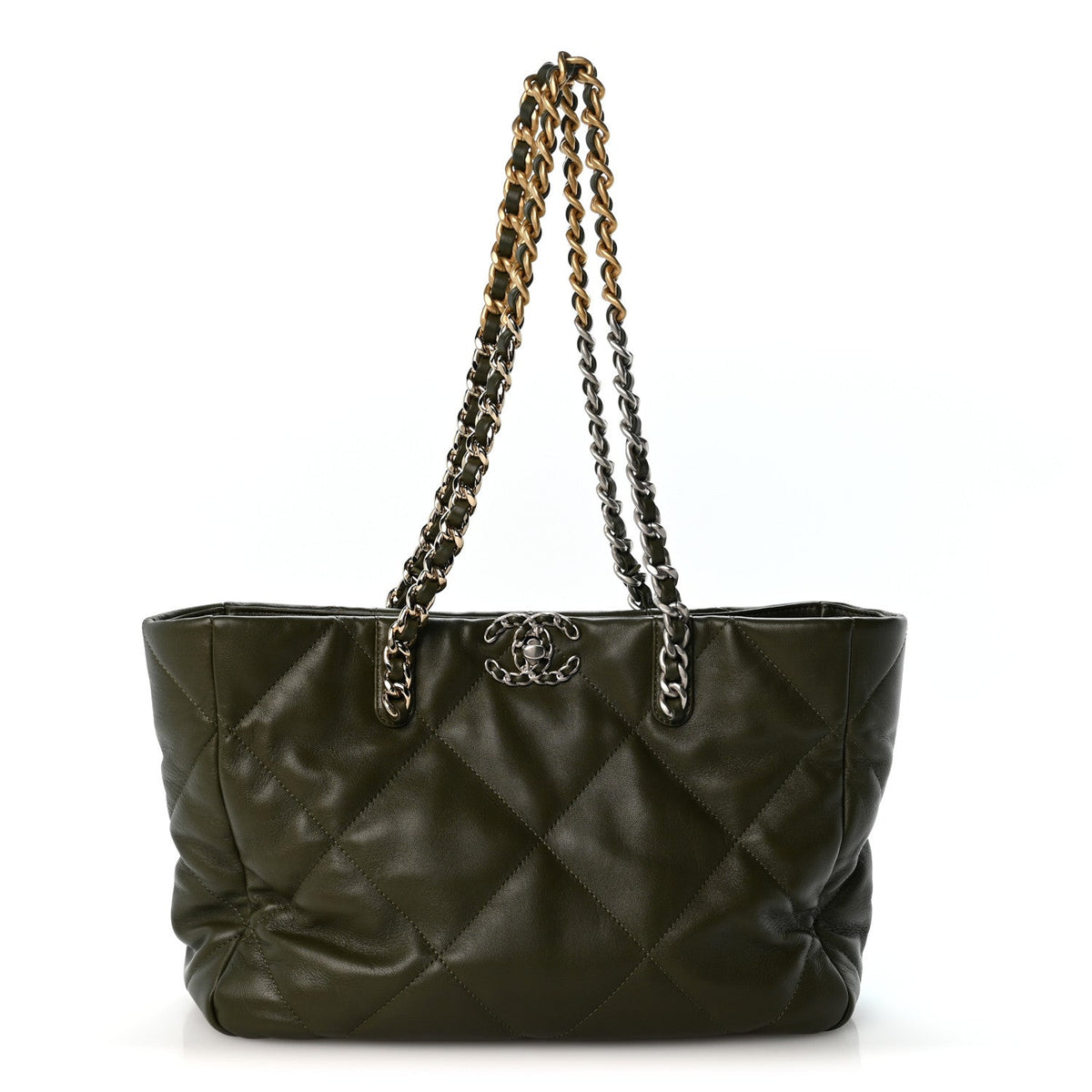 Lambskin Quilted Chanel 19 East West Shopping Bag Dark Green