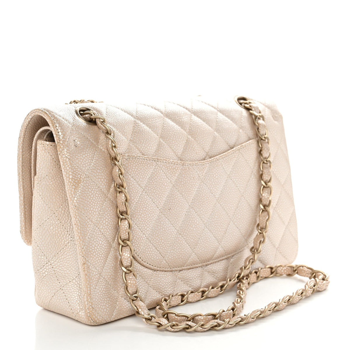 Pearly Caviar Quilted Medium Double Flap Light Beige