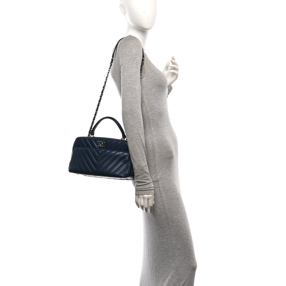 Lambskin Chevron Quilted Small Trendy CC Bowling Bag Navy Blue