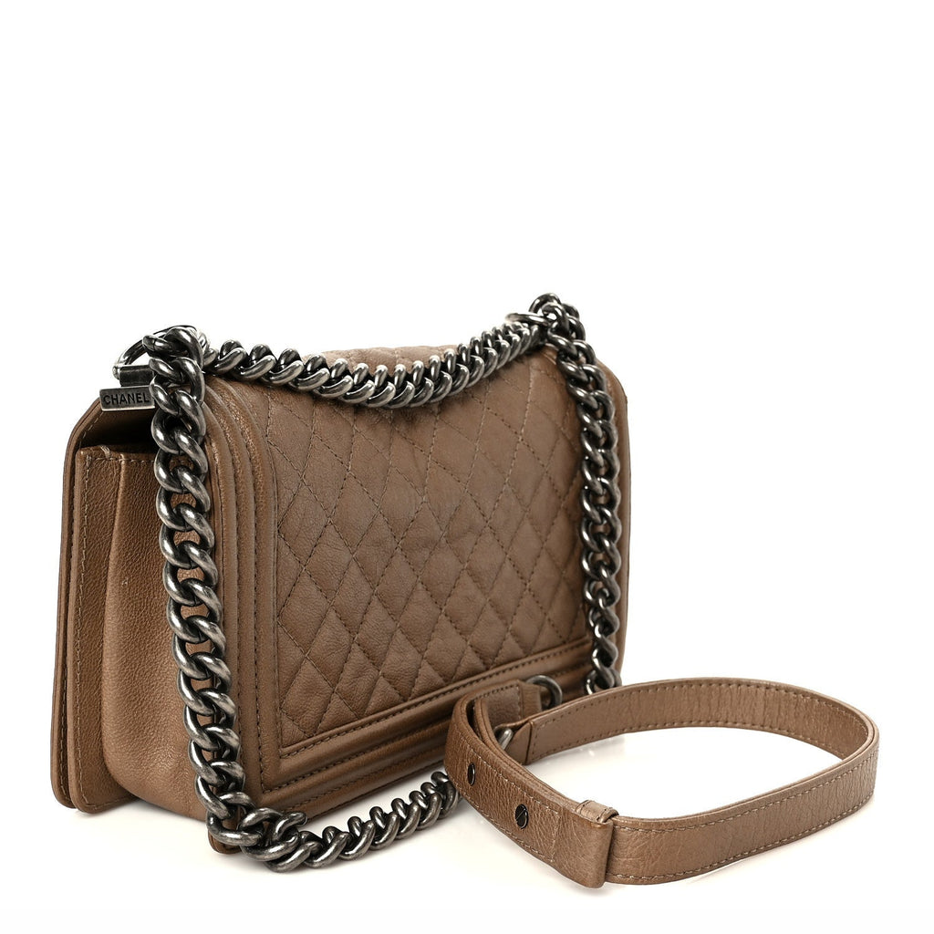 Metallic Calfskin Quilted Medium Boy Flap Taupe