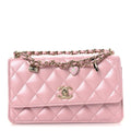 Pearly Lambskin Quilted Charms Wallet On Chain WOC Light Pink