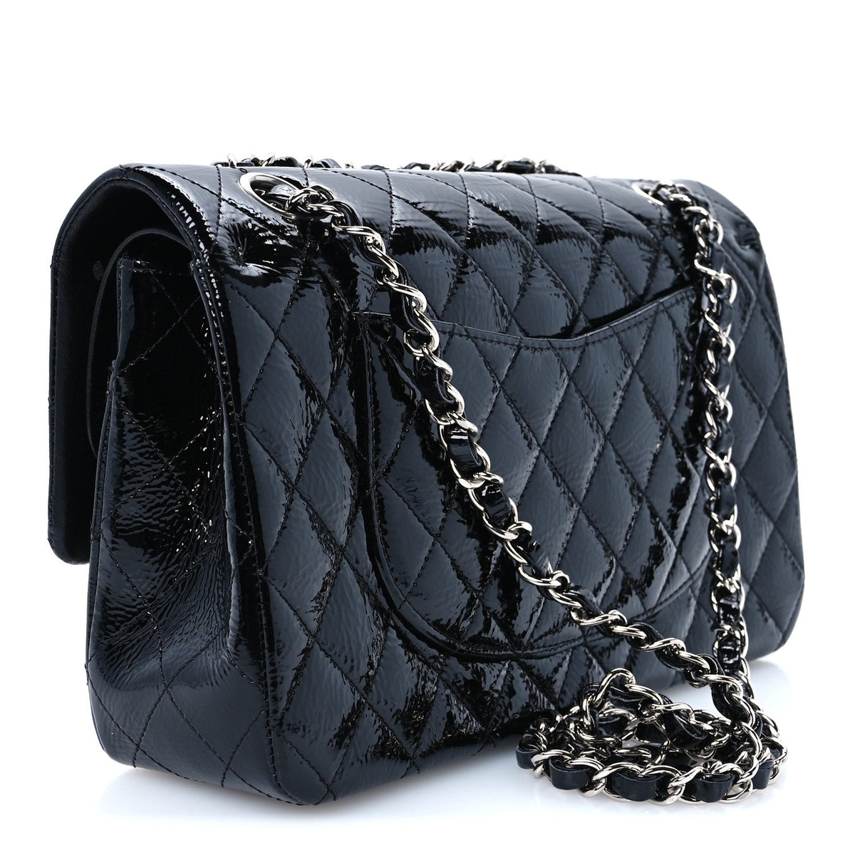 Distressed Patent Quilted Medium Double Flap Black