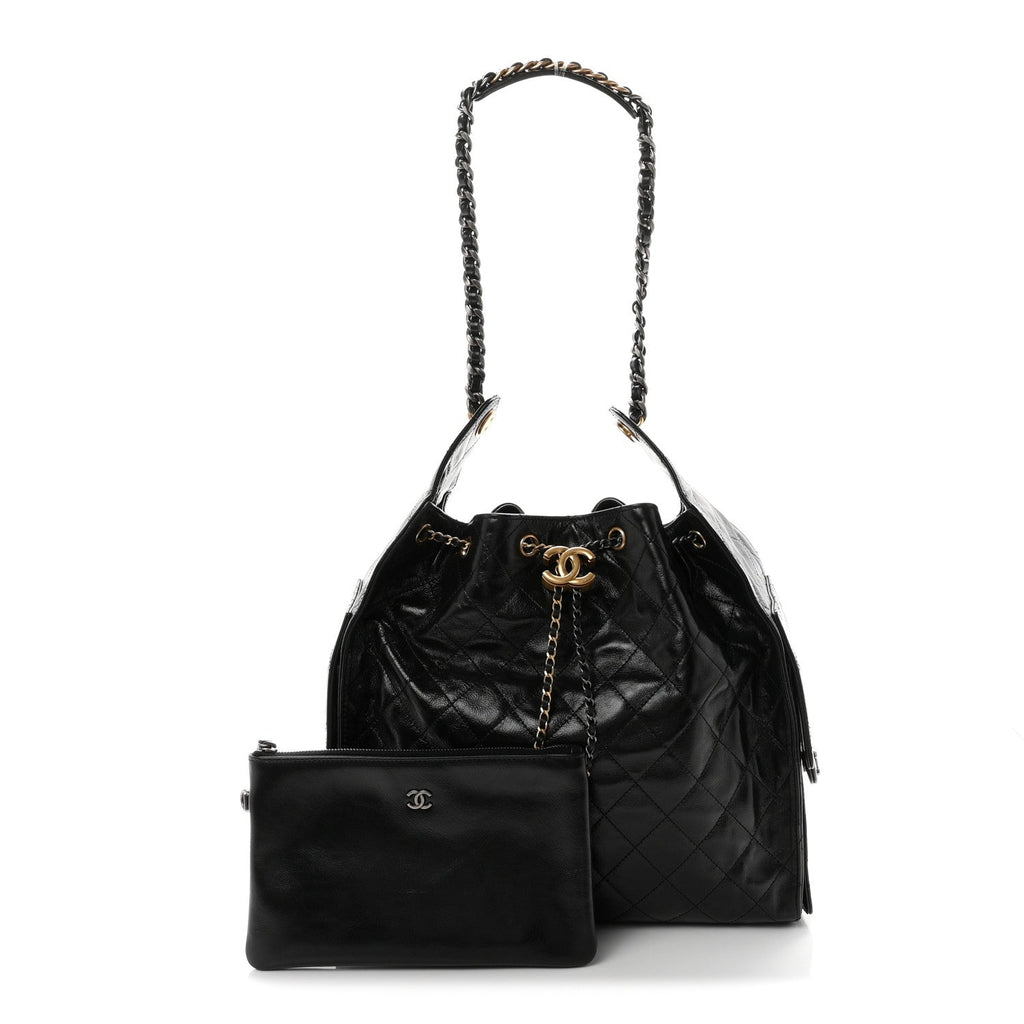 Shiny Crumpled Calfskin Quilted Medium Chanel 25 Handbag Black