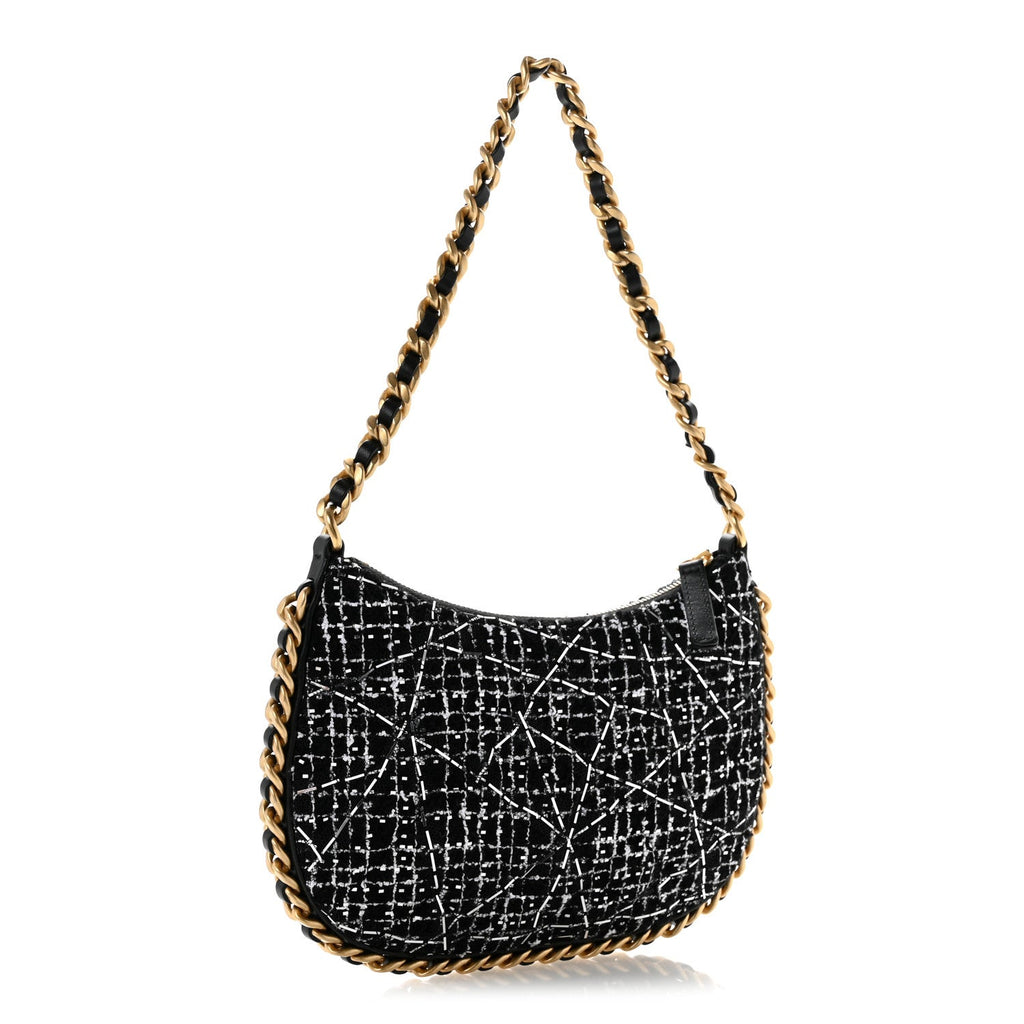 Tweed Sequin Quilted Trendy Chain Around Hobo Black White