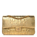 Metallic Calfskin Crocodile Embossed Cocodile Medium Double Flap Gold