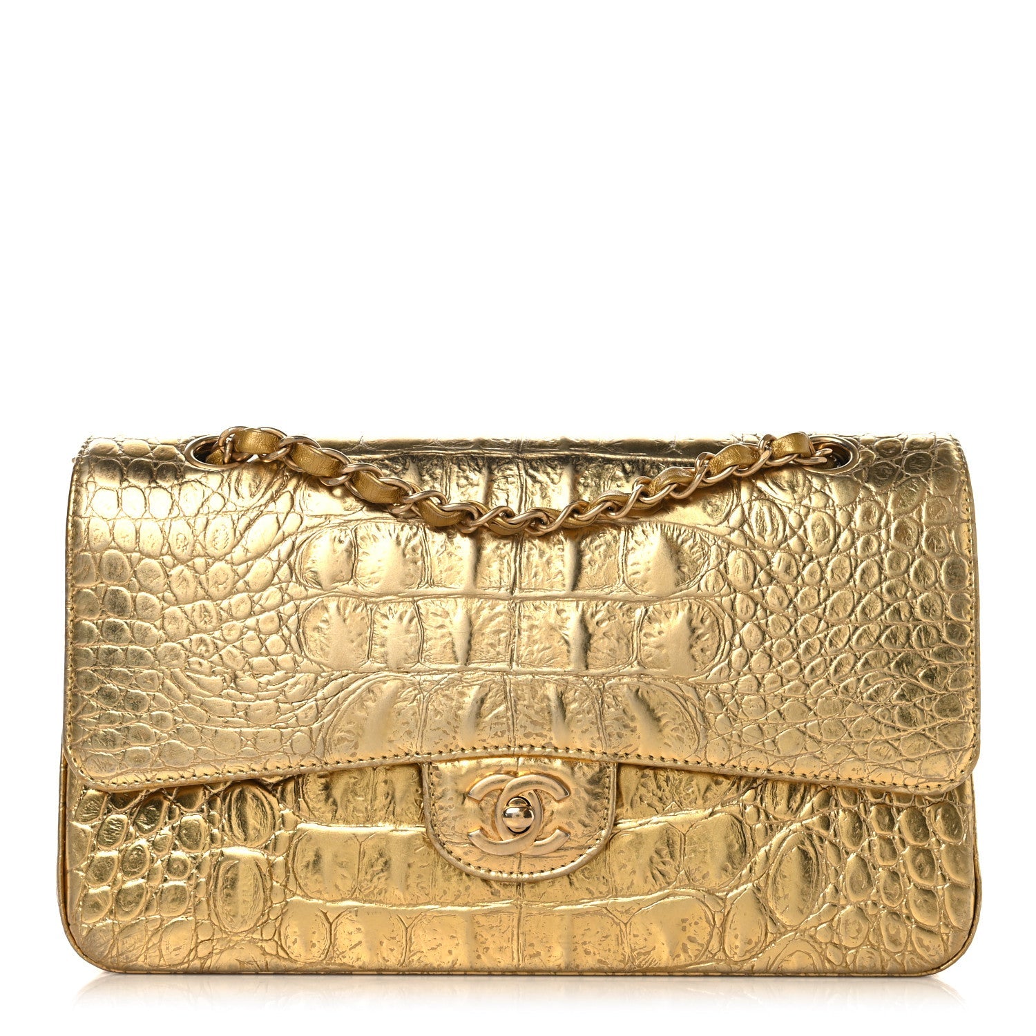 Metallic Calfskin Crocodile Embossed Cocodile Medium Double Flap Gold