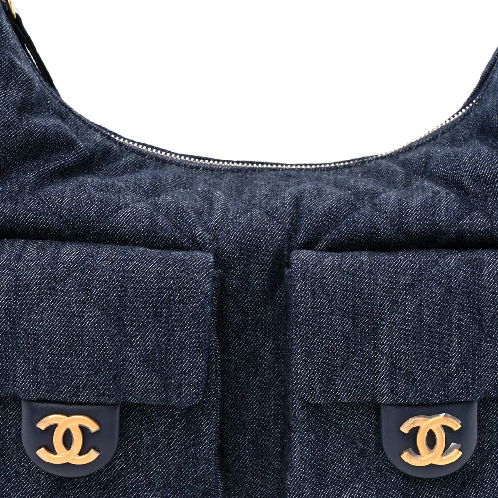 Washed Denim Quilted Large Trendy Pockets Hobo Dark Blue