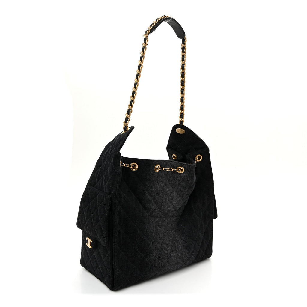 Washed Denim Quilted Medium Chanel 25 Handbag Black