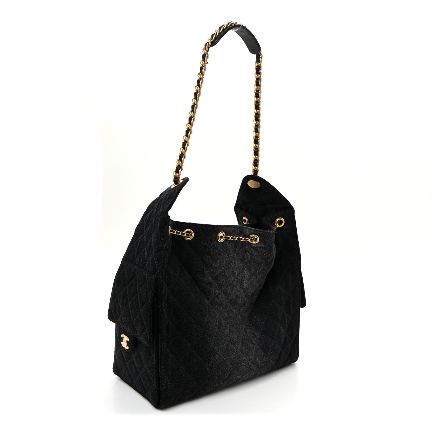 Washed Denim Quilted Medium Chanel 25 Handbag Black