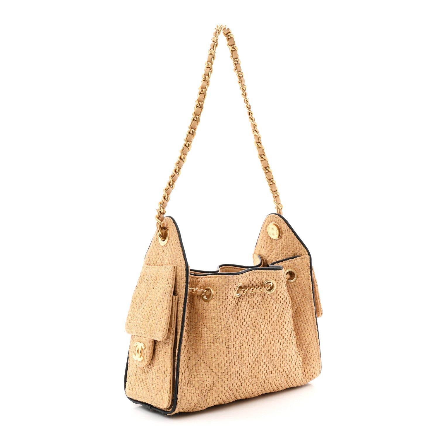 Braided Raffia Calfskin Quilted Mini Chanel 25 Handbag Beige Black