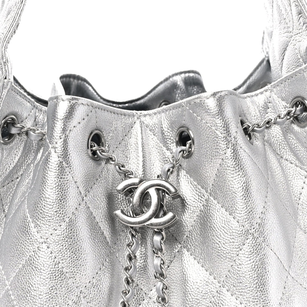 Metallic Caviar Quilted Small Chanel 25 Handbag Silver