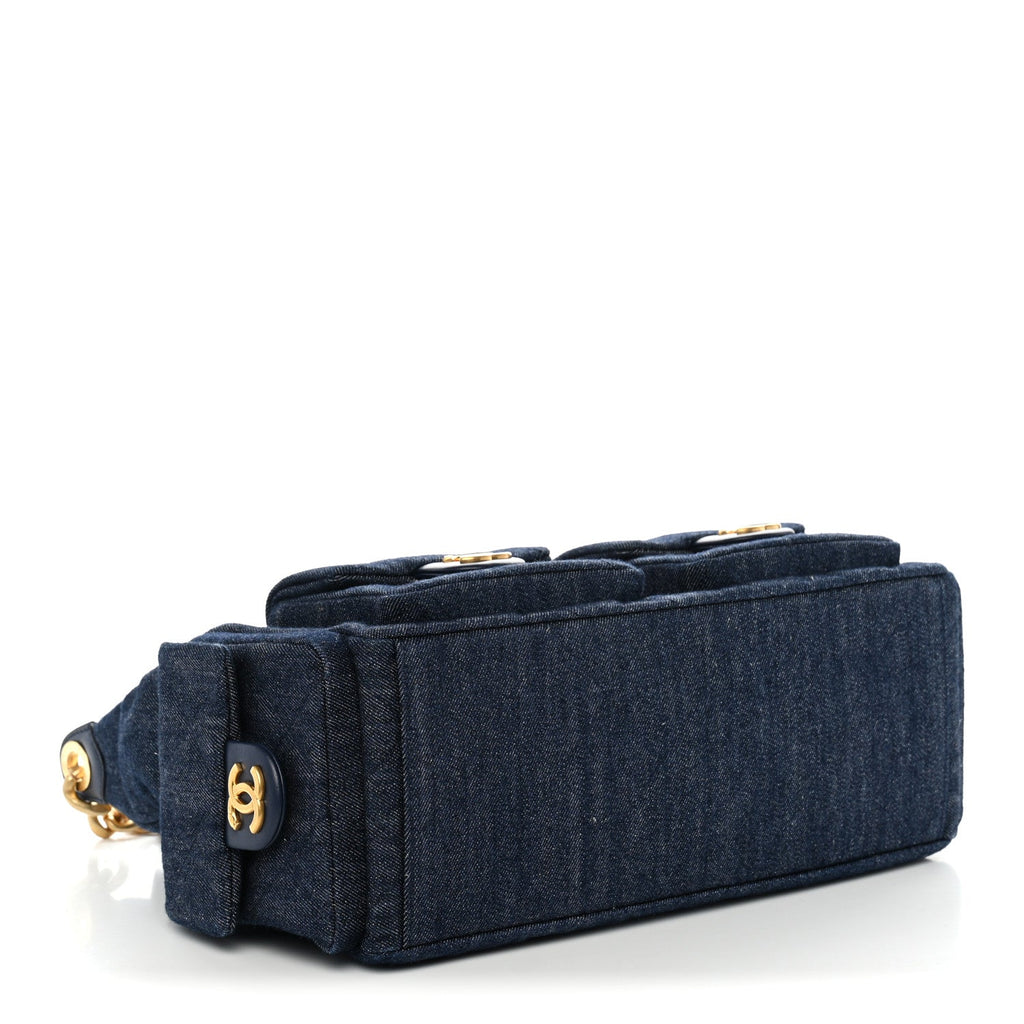 Washed Denim Quilted Maxi Trendy Pockets Hobo Dark Blue