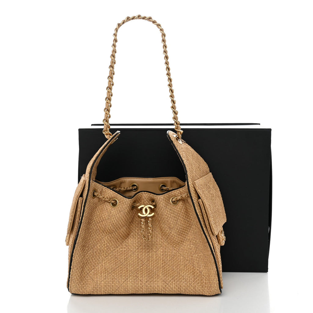 Braided Raffia Calfskin Small Chanel 25 Handbag Beige Black