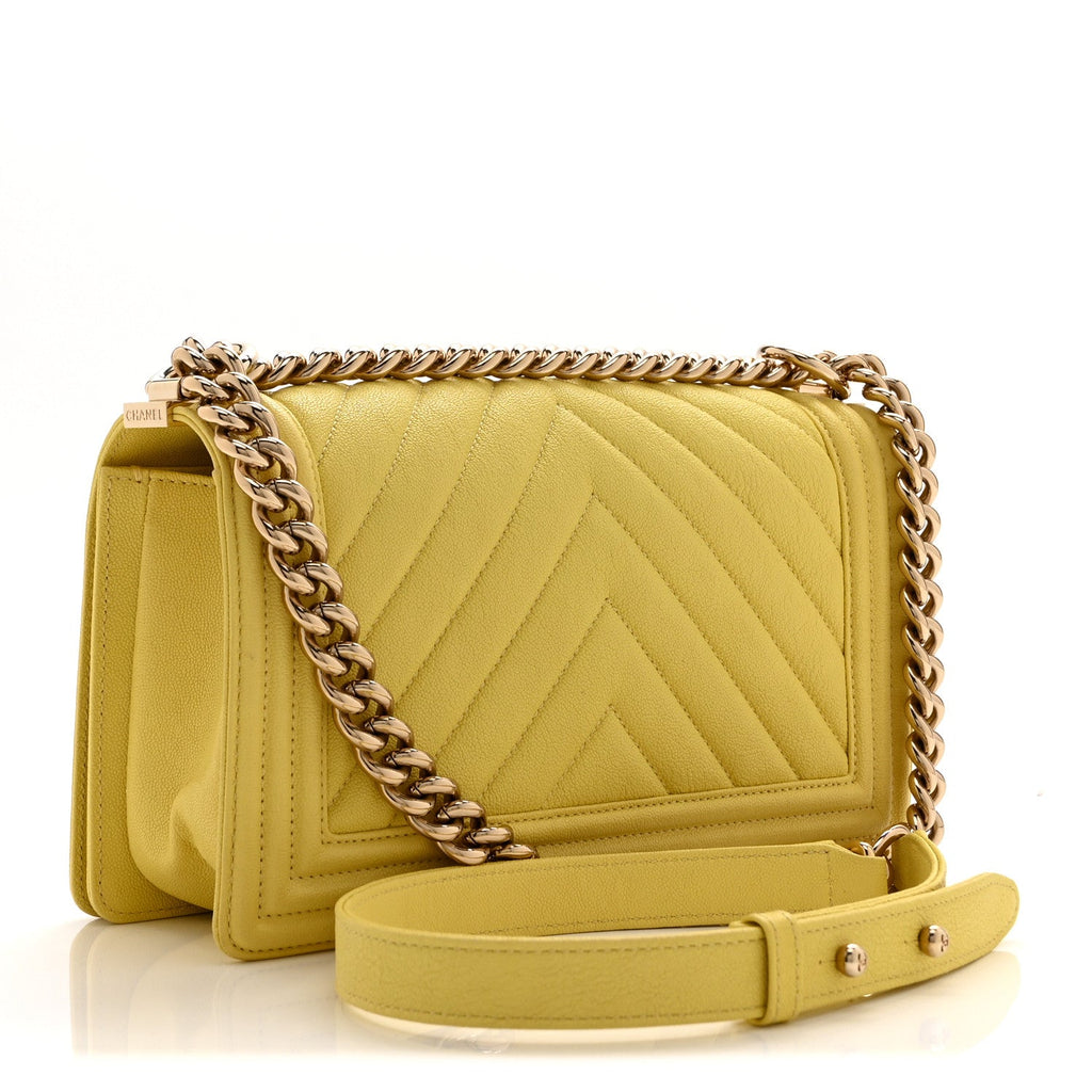 Caviar Chevron Quilted Medium Boy Flap Yellow
