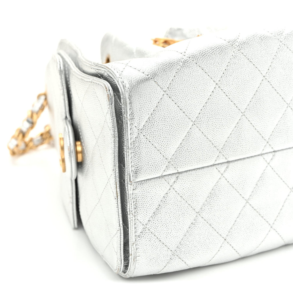 Metallic Caviar Quilted Small Chanel 25 Handbag Silver