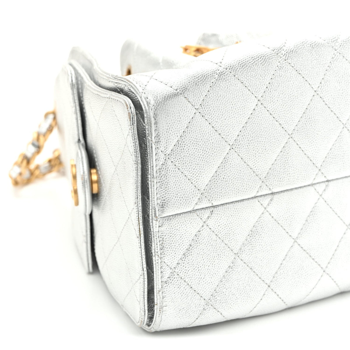 Metallic Caviar Quilted Small Chanel 25 Handbag Silver