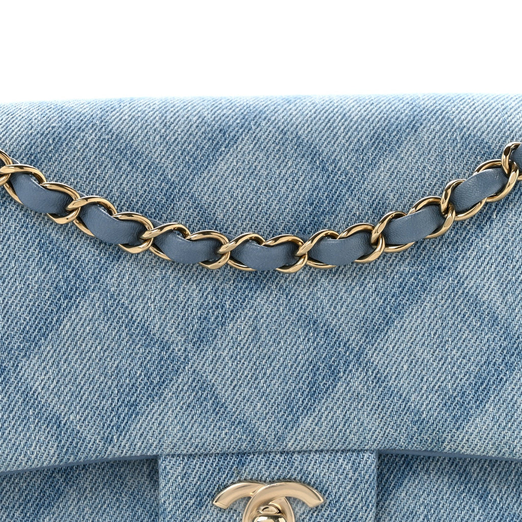Printed Denim Quilted Medium Double Flap Light Blue