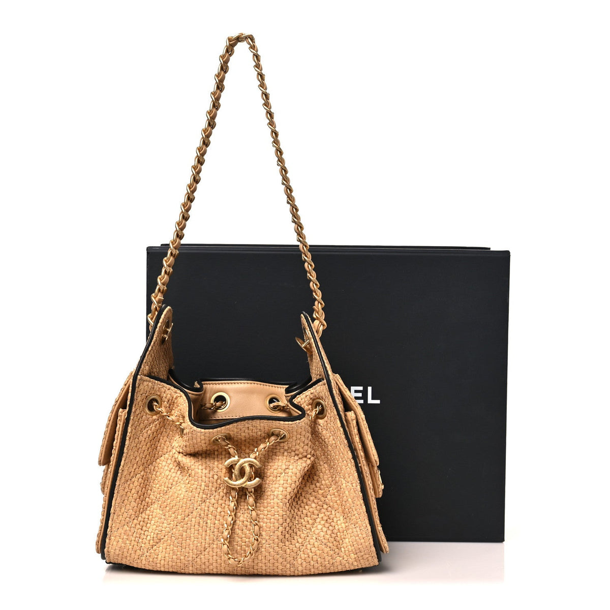 Braided Raffia Calfskin Quilted Mini Chanel 25 Handbag Beige Black
