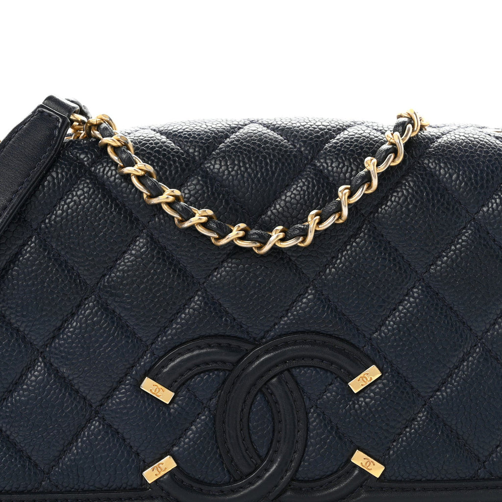 Caviar Quilted Small CC Filigree Flap Navy Black