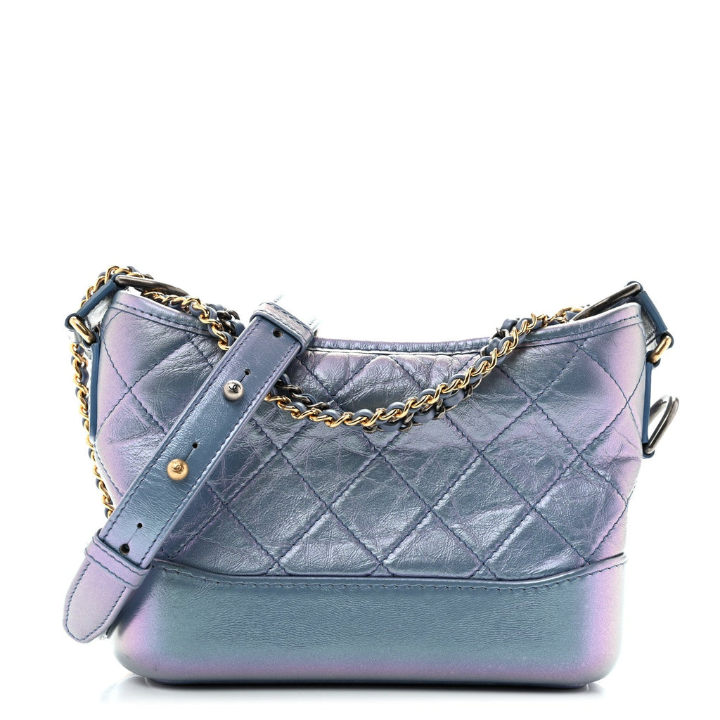 Iridescent Aged Calfskin Quilted Small Gabrielle Hobo Blue