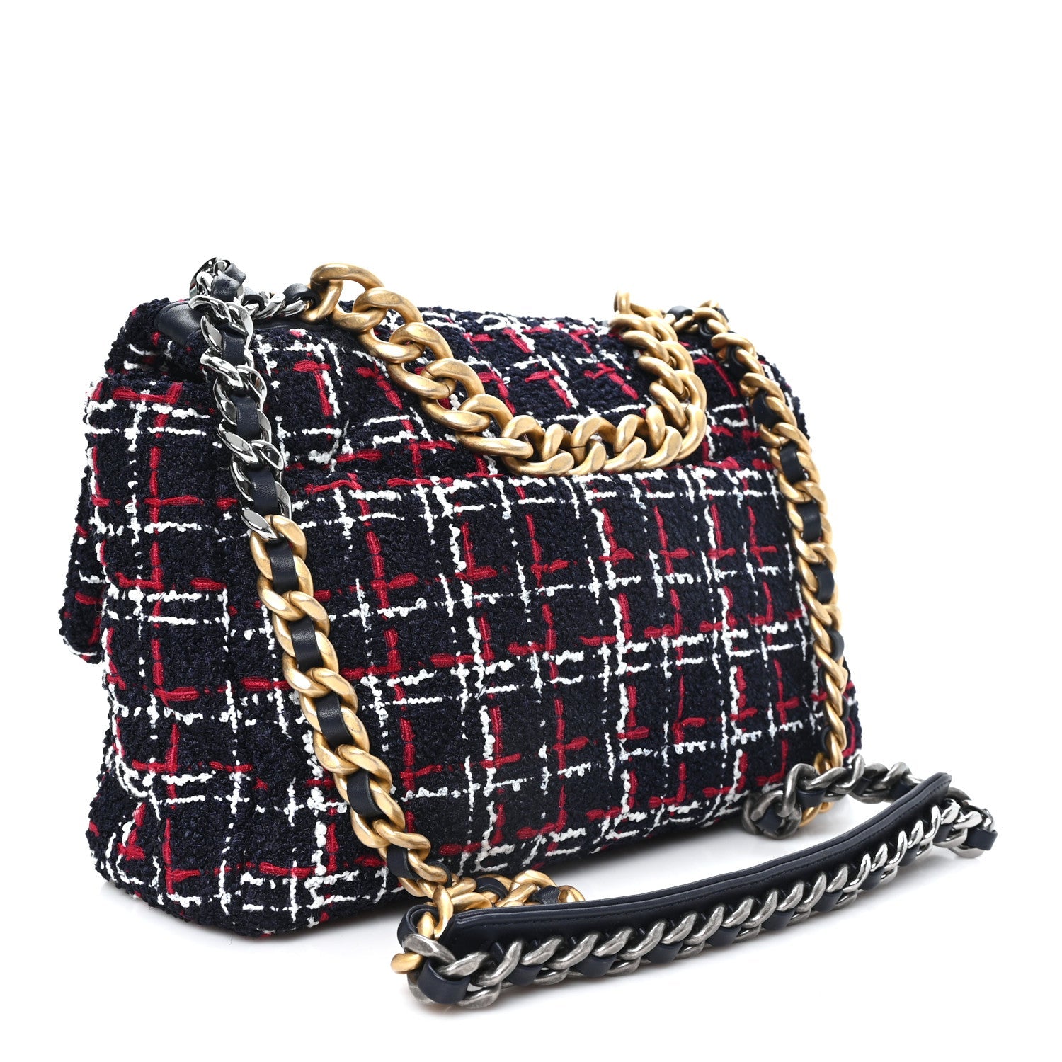 Tweed Quilted Large Chanel 19 Flap Navy Blue White Red