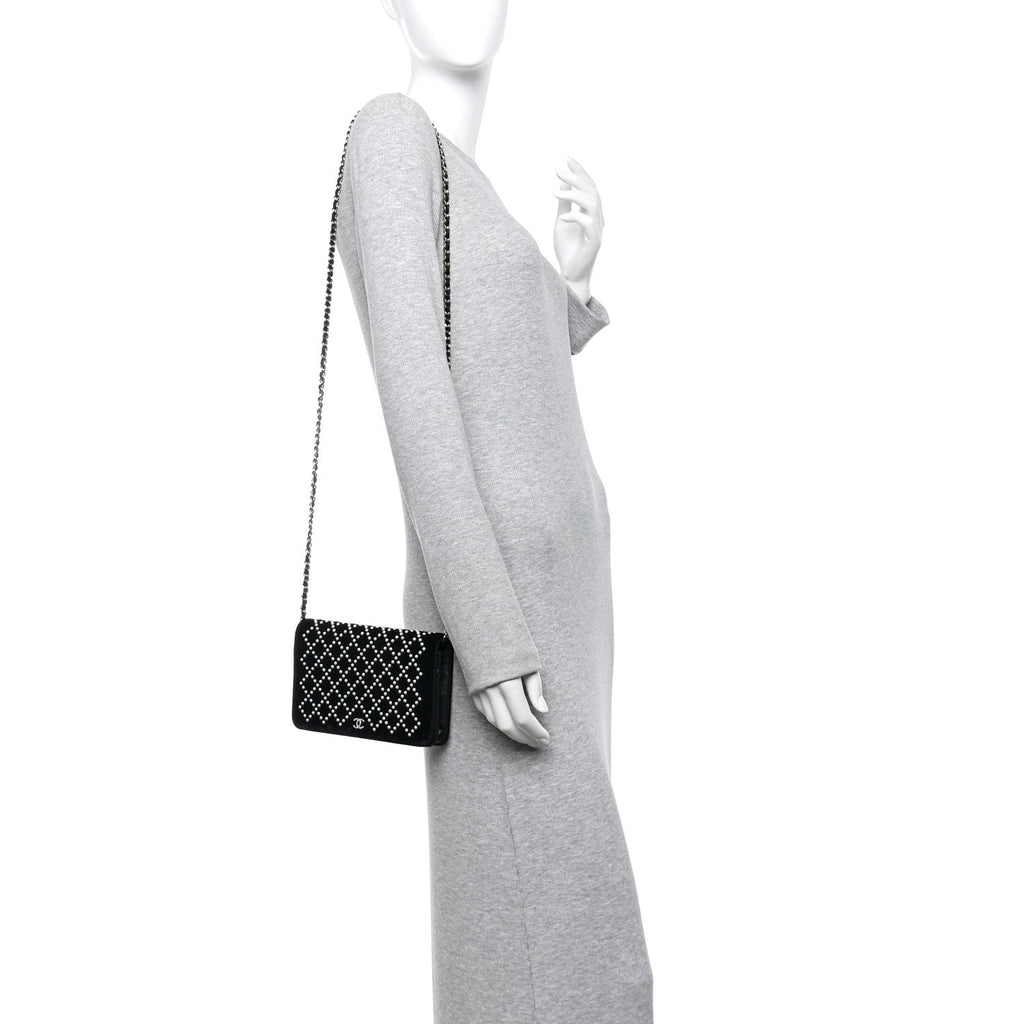 Velvet Pearl Diamond Embellished Wallet On Chain WOC Black