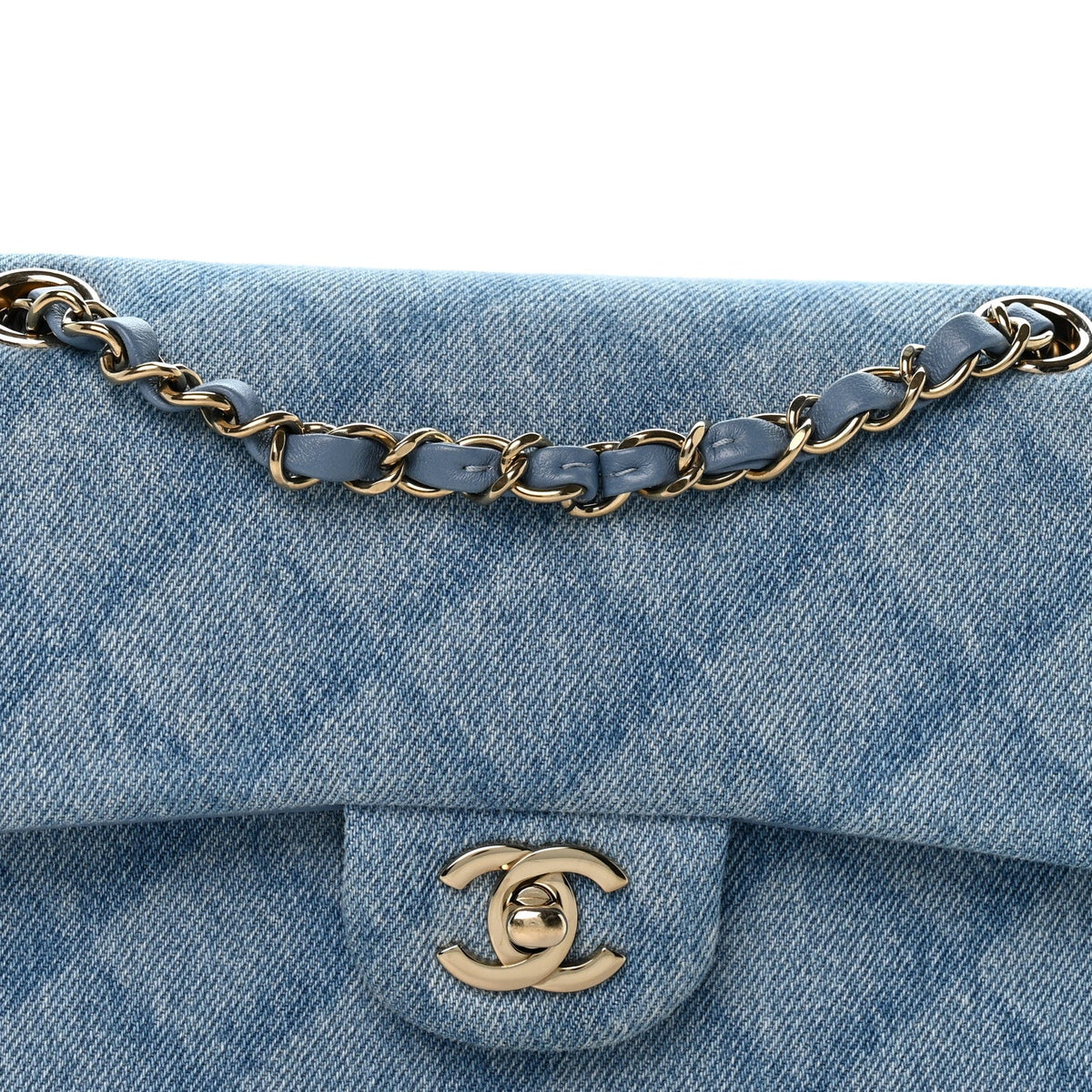 Printed Denim Quilted Small Double Flap Light Blue