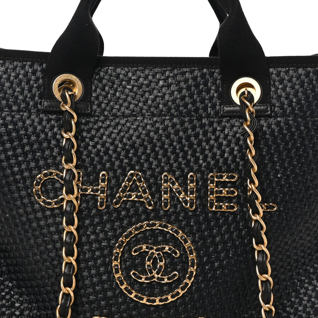Straw Raffia Calfskin Chain Medium Deauville Tote Black