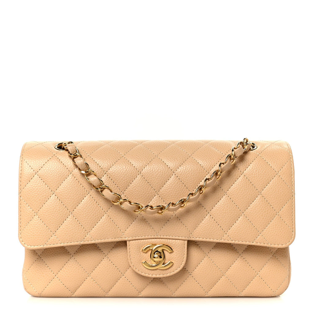 Caviar Quilted Medium Double Flap Beige