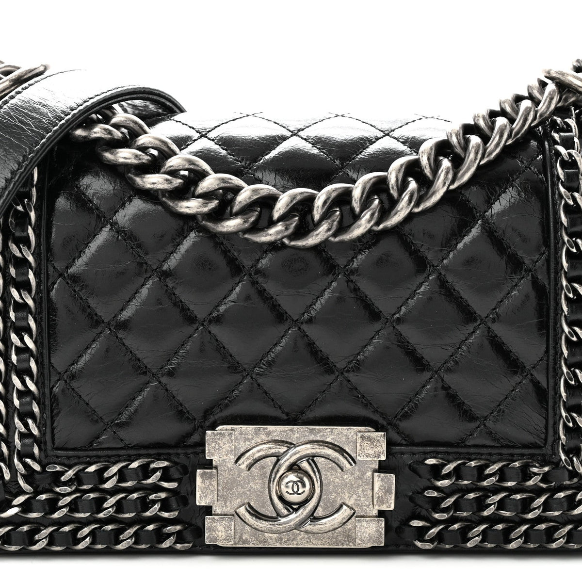 Glazed Calfskin Quilted Small Boy Chained Flap Black