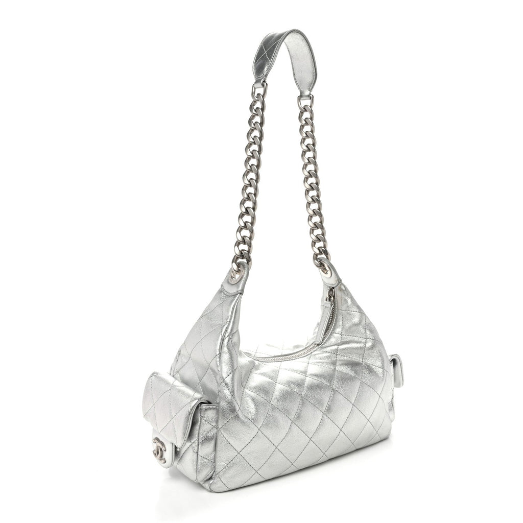 Metallic Lambskin Quilted Trendy Pockets Hobo Silver