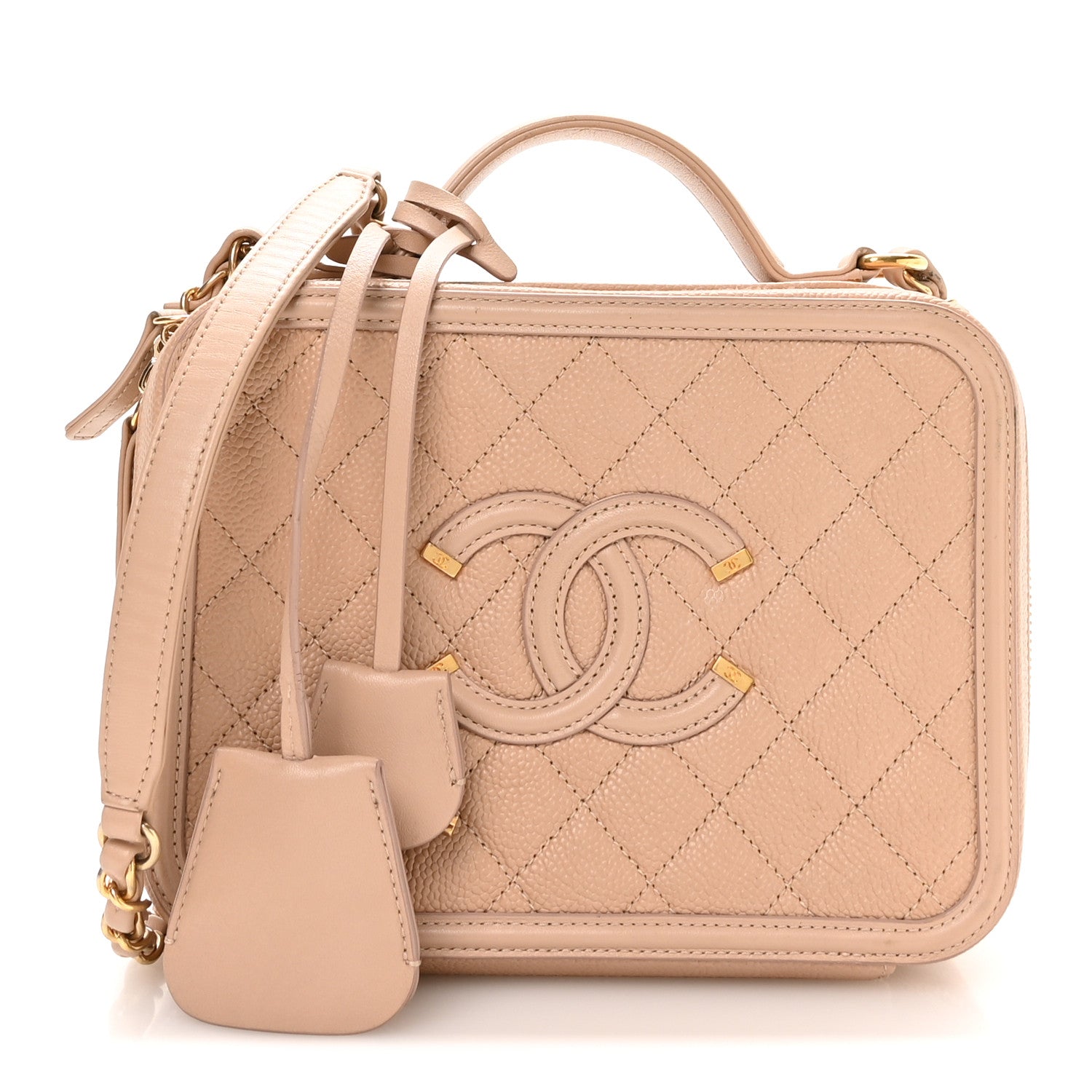 Caviar Quilted Medium CC Filigree Vanity Case Beige