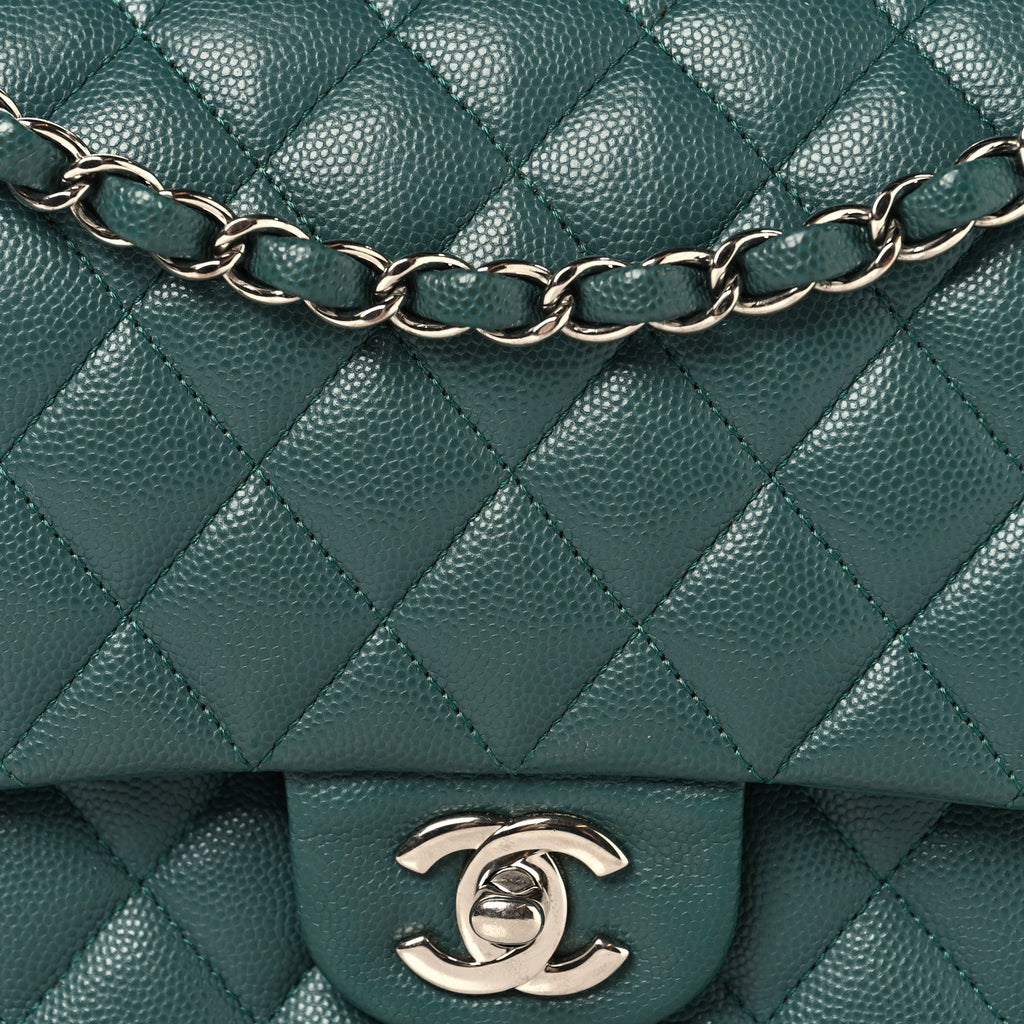 Caviar Quilted Medium Double Flap Green