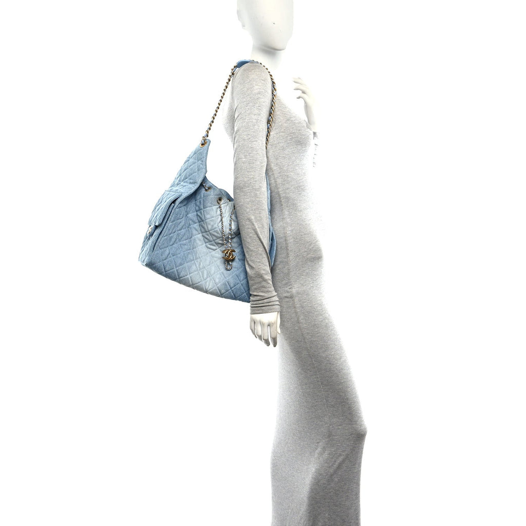 Washed Denim Quilted Medium Chanel 25 Handbag Blue