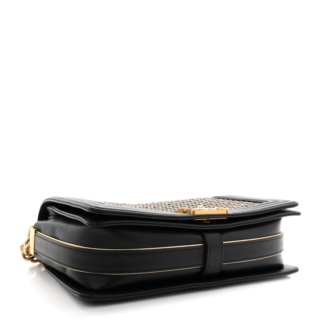 Lambskin Braided Woven Medium Boy Flap Navy Black