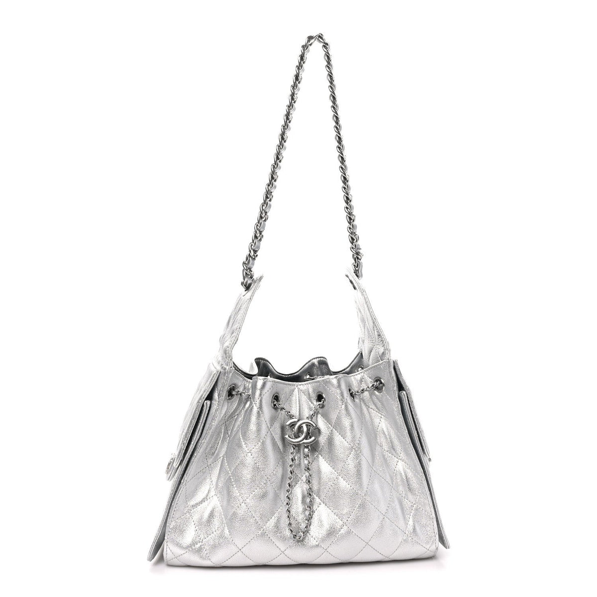 Metallic Caviar Quilted Small Chanel 25 Handbag Silver